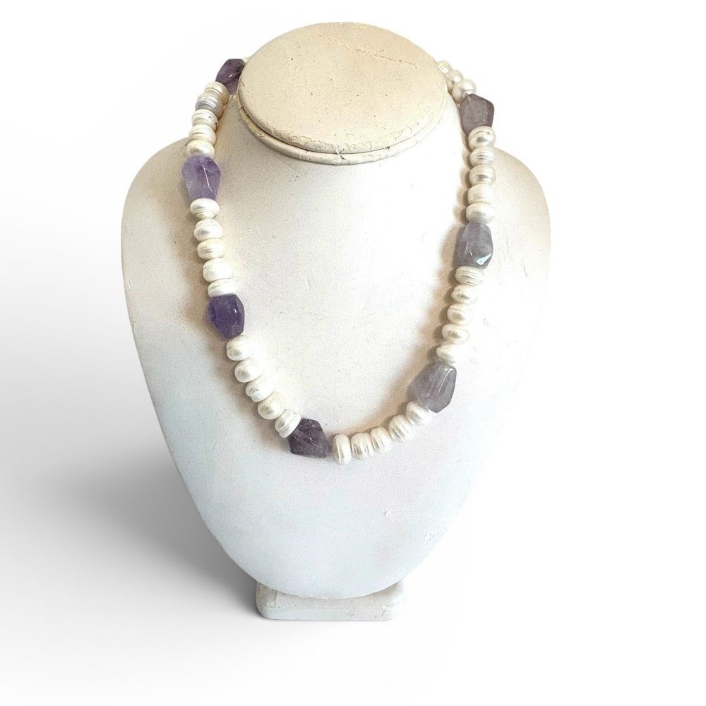 Freshwater Pearl and Raw Amethyst Bead Necklace Purple White Gemstone Strand - Picture 2 of 4